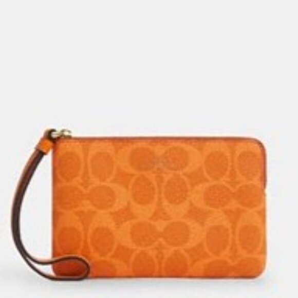 Coach Corner Zip Wristlet Bag In Signature Canvas Mandarin Orange - NWT - Picture 6 of 10